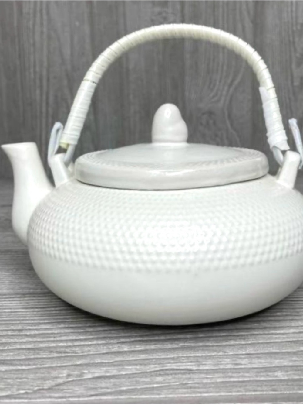 Sweet Expressions White Iron Kettle Ceramic Teapot with Woven Handle (no filter)
